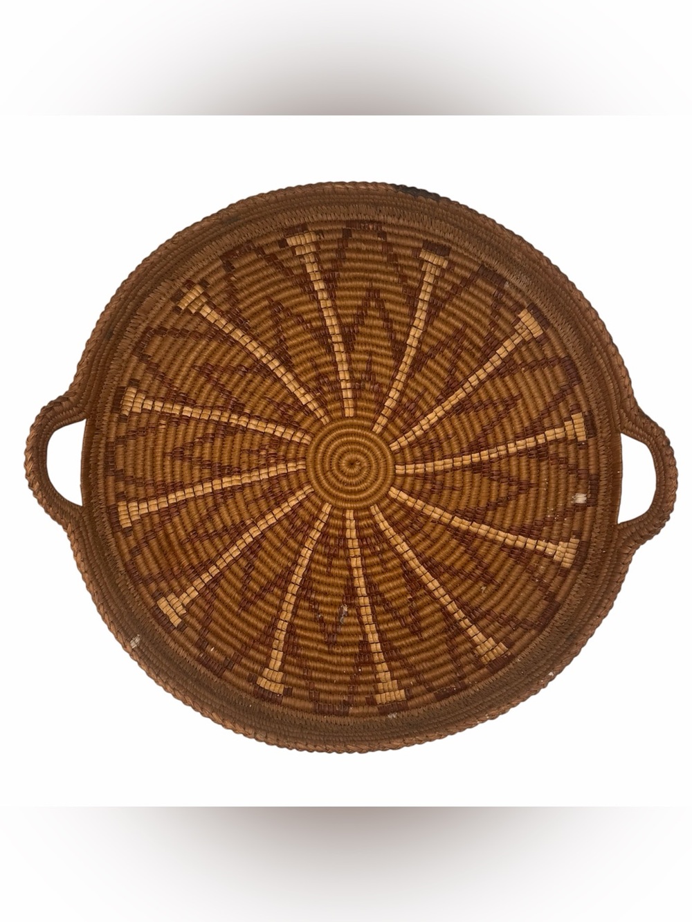Vintage Hand Coiled Woven Basket Tray With Handles Geometric Boho Decor Brown